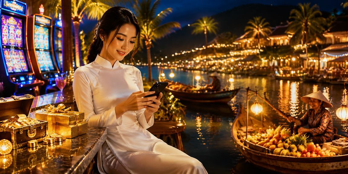 Bối cảnh Phú Quốc với trò chơi slots và người dùng xem ưu đãi trên di động